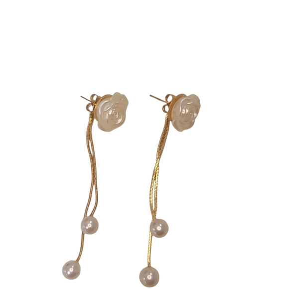 Jewelry - Gold and Cream Rose Drop Earrings